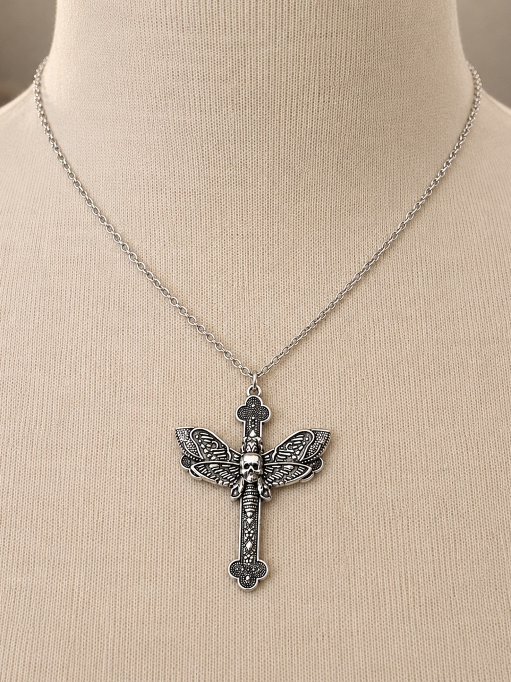 Silver Skull Moth Cross Pendant Necklace